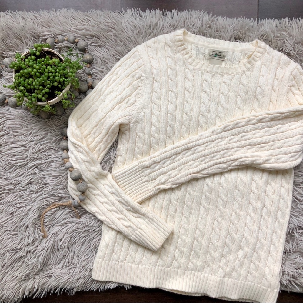 LL Bean Cream Cable Knit Crew Neck Sweater